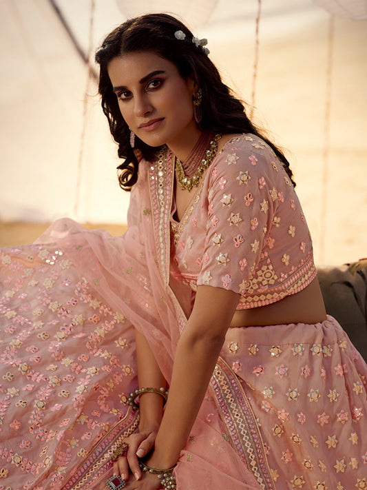 Odette Peach Embroidered Organza Semi Stitched Lehenga With Blouse For Women