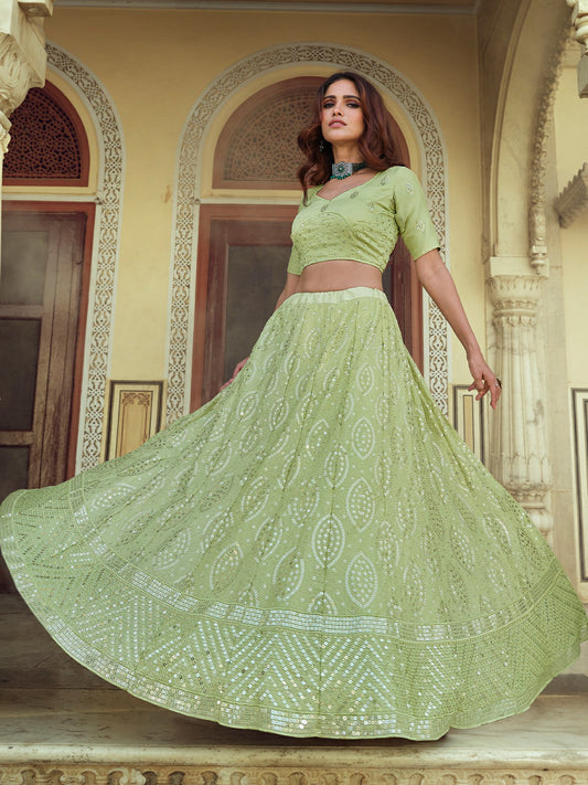 Odette Olive Embellished Georgette Semi Stitched Lehenga With Blouse For Women