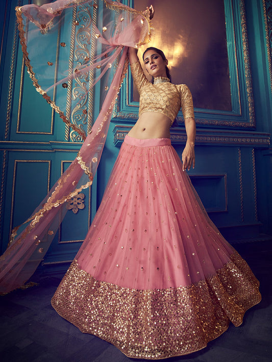 Odette Pink Embellished Soft Net Semi Stitched Lehenga With Blouse For Women