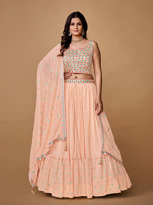 Odette Peach Embroidered Georgette Stitched Lehenga With Blouse For Women