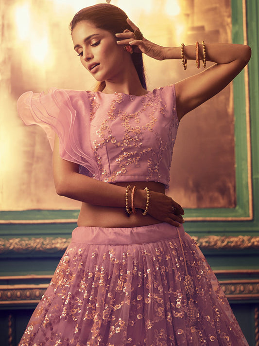 Odette Peach Embellished Soft Net Semi Stitched Lehenga With Blouse For Women