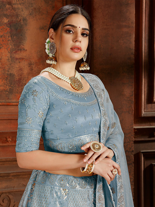 Odette Blue Embroidered Soft Net Semi Stitched Lehenga With Blouse For Women