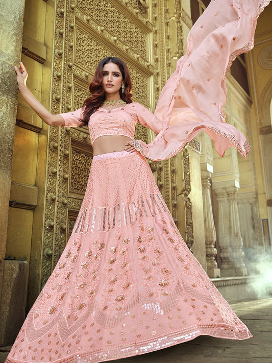 Odette Pink Embellished Georgette Semi Stitched Lehenga With Blouse For Women