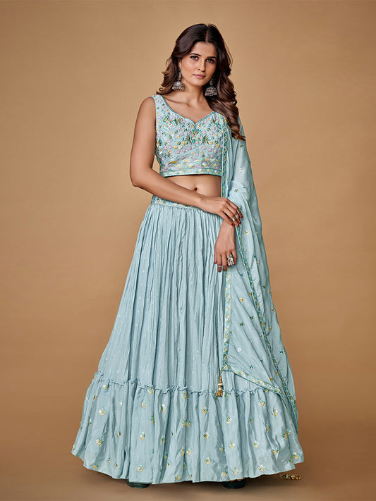 Odette Blue Embroidered Chiffon Stitched Lehenga With Blouse For Women