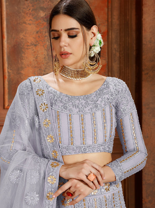 Odette Grey Embroidered Soft Net Semi Stitched Lehenga With Blouse For Women