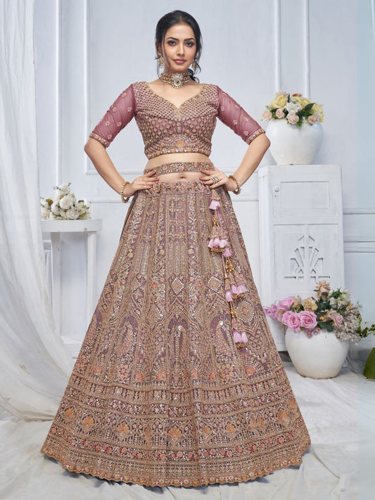 Odette Mauve Soft Net Embroidered Semi-Stitched Lehenga With Unstitched Blouse For Women