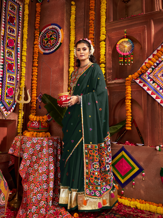 Odette Dark Green Cotton Blend Embroidered Semi-Stitched lehenga For Women