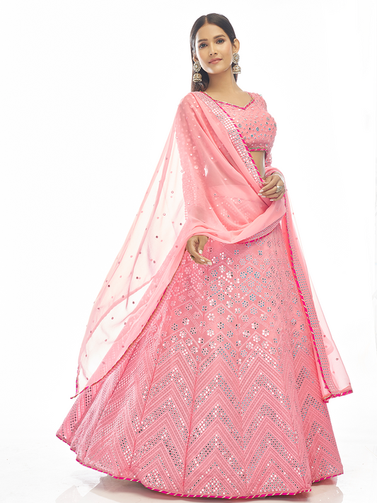 Odette Women Pink Embroidered Georgette Semi Stitched Lehenga With Unstitched Blouse