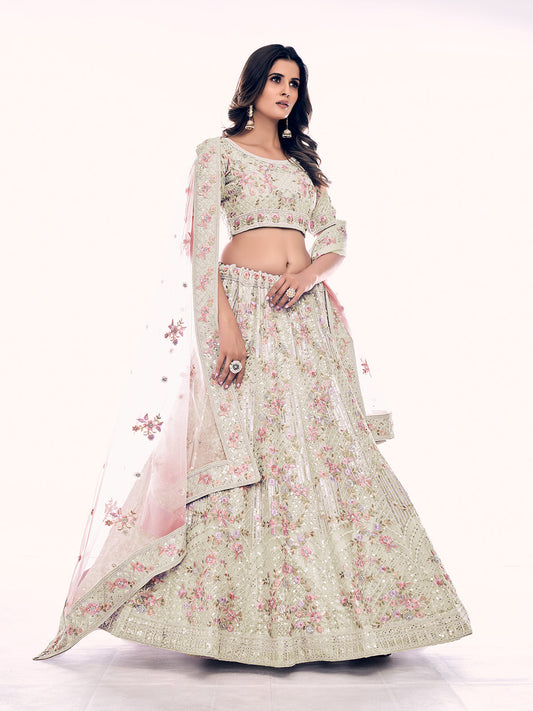 Odette Cream Embroidered Soft Net Semi Stitched Lehenga With Blouse For Women