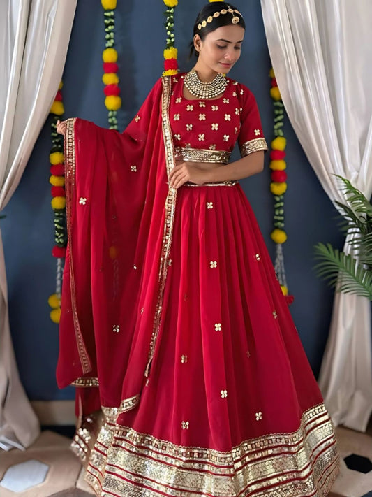Odette Red Georgette Embellished Semi-Stitched lehenga For Women