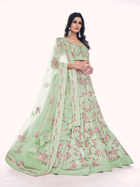 Odette Olive Embroidered Soft Net Semi Stitched Lehenga With Blouse For Women
