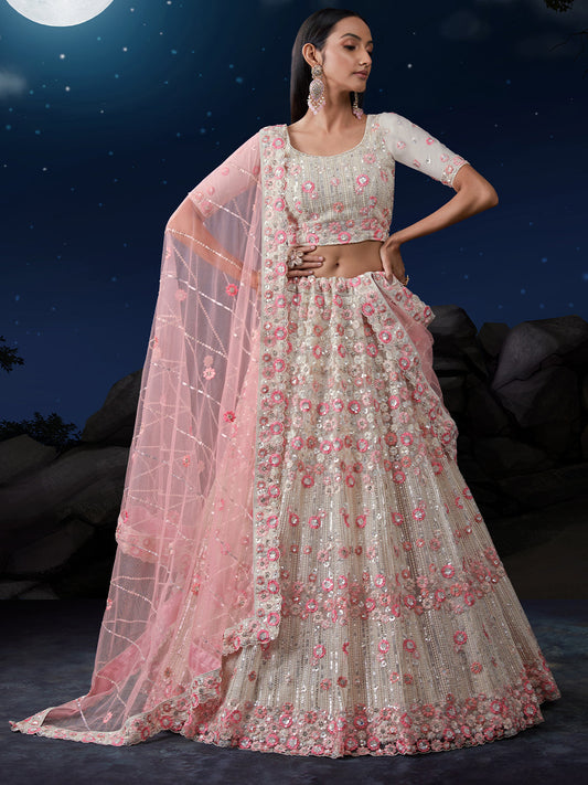 Odette Off White Embroidered Soft Net Semi Stitched Lehenga With Blouse For Women
