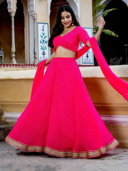 Odette Pink Georgette Printed Semi Stitched Lehenga With Unstitched Blouse For Women