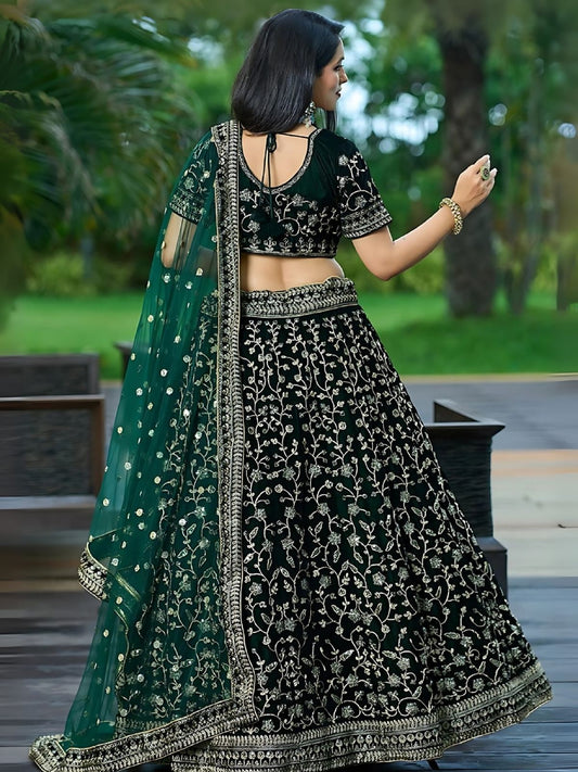 Odette Green Velvet Embroidered Semi-Stitched Lehenga For Women