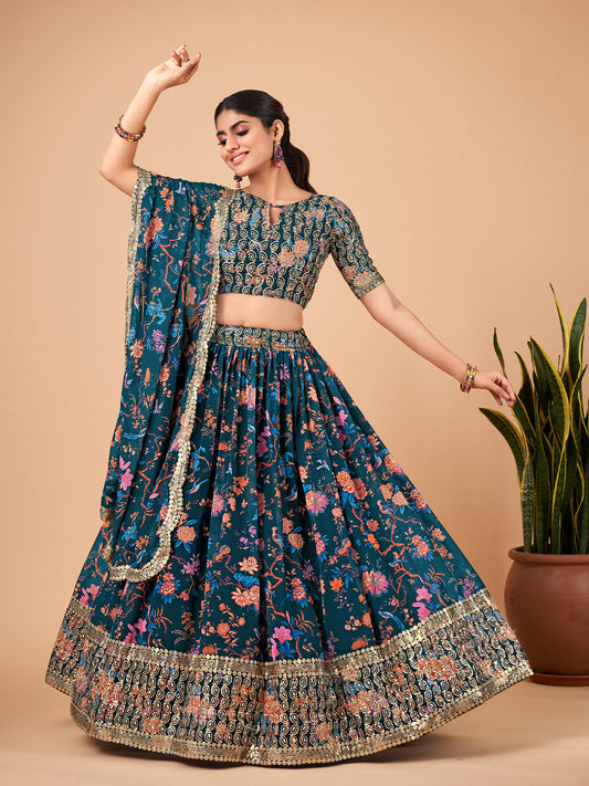 Odette Women Teal Printed And Embroidered Semi Stitched Lehenga With Unstitched Blouse