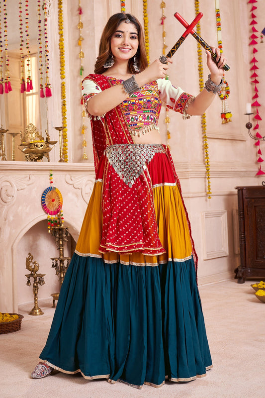 Multi Colored Viscose Cotton Flared Chaniya Choli with Lampi Border