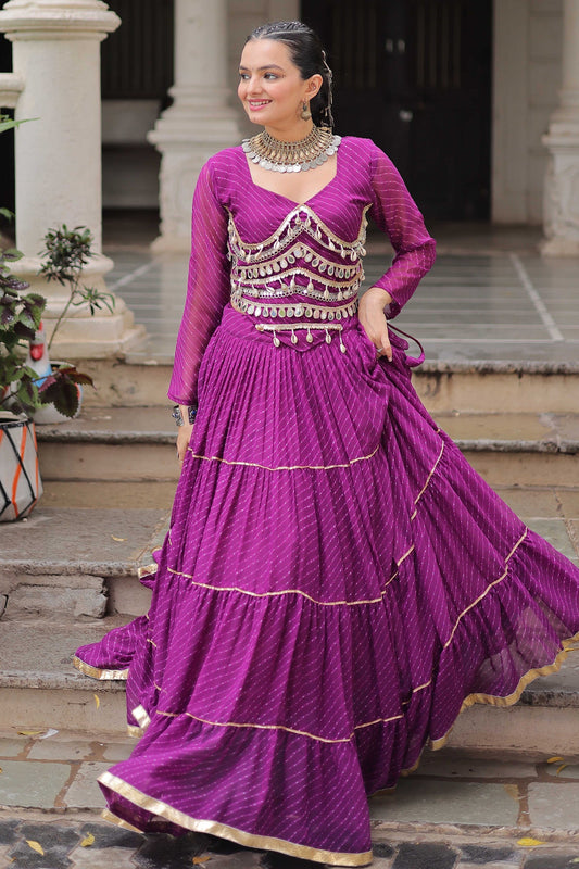 Purple Flared Georgette Chaniya Choli with Leheriya Print Work