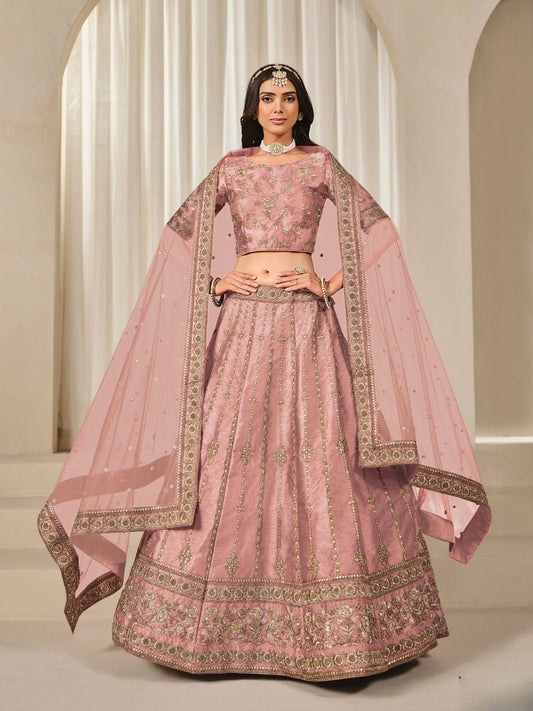Odette Pink Art Silk Embroidered Semi-Stitched lehenga For Women