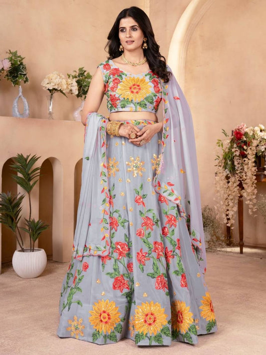 Odette Grey Georgette Embroidered Semi-Stitched lehenga For Women