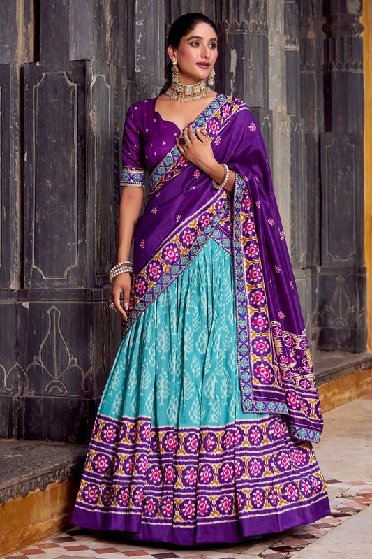 Blue Tussar Silk Printed Lehenga Choli