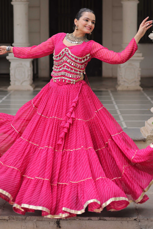 Pink Flared Georgette Chaniya Choli with Leheriya Print Work