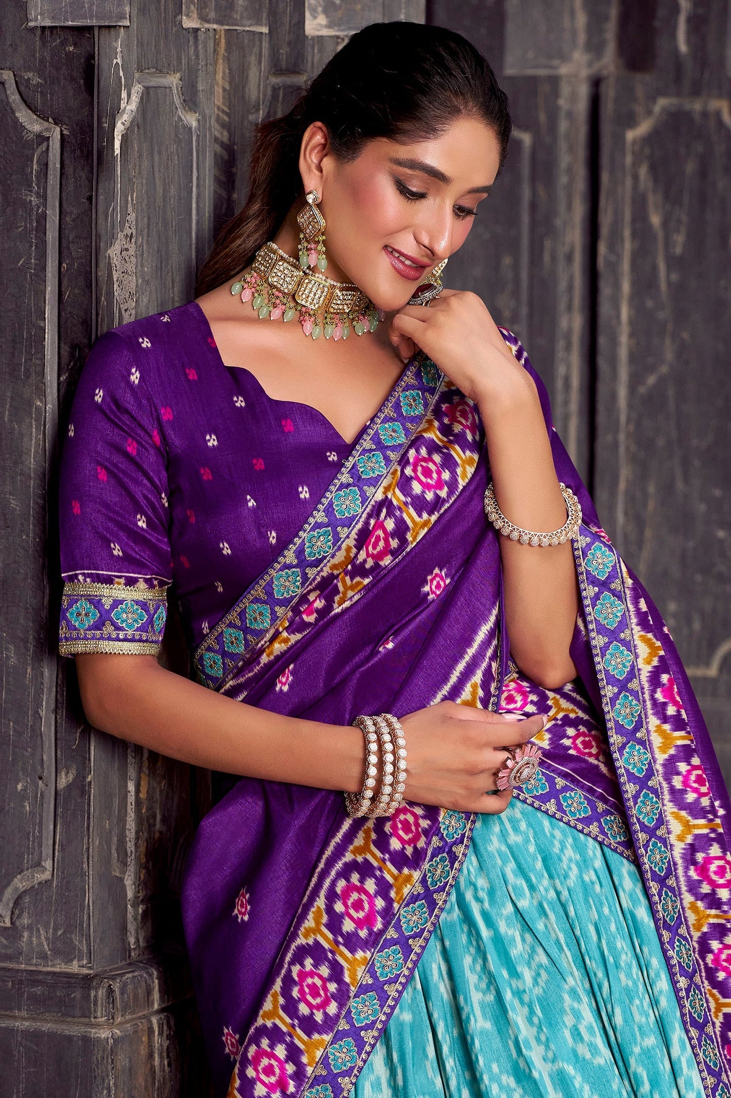 Blue Tussar Silk Printed Lehenga Choli