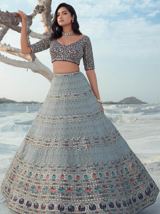 Odette Grey Georgette Embellished Semi-Stitched lehenga For Women