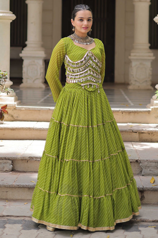 Perrot Green Flared Georgette Chaniya Choli with Leheriya Print Work