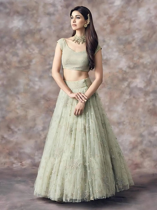 Odette Light Green Net Embroidered Semi-Stitched lehenga For Women