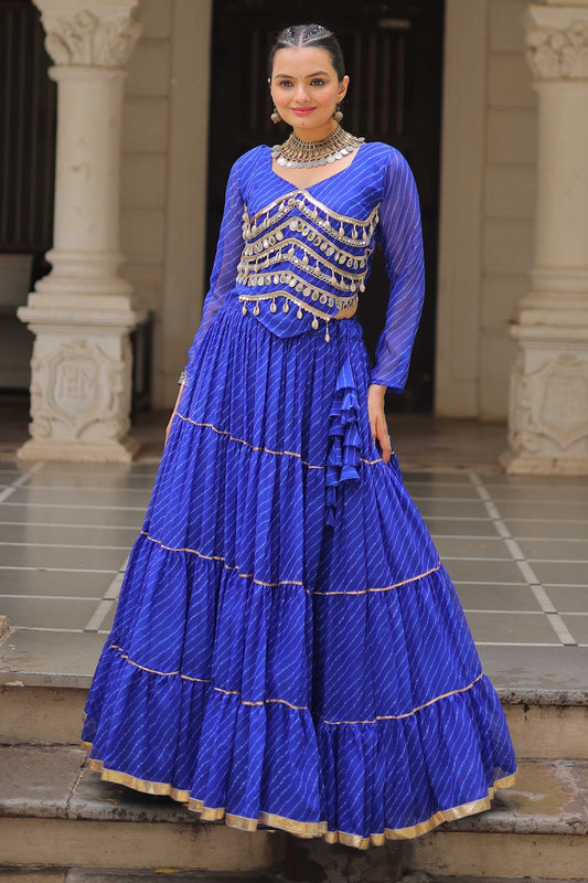 Blue Flared Georgette Chaniya Choli with Leheriya Print Work