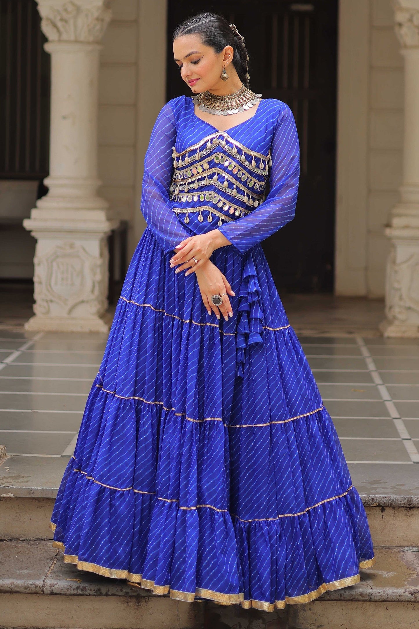 Blue Flared Georgette Chaniya Choli with Leheriya Print Work