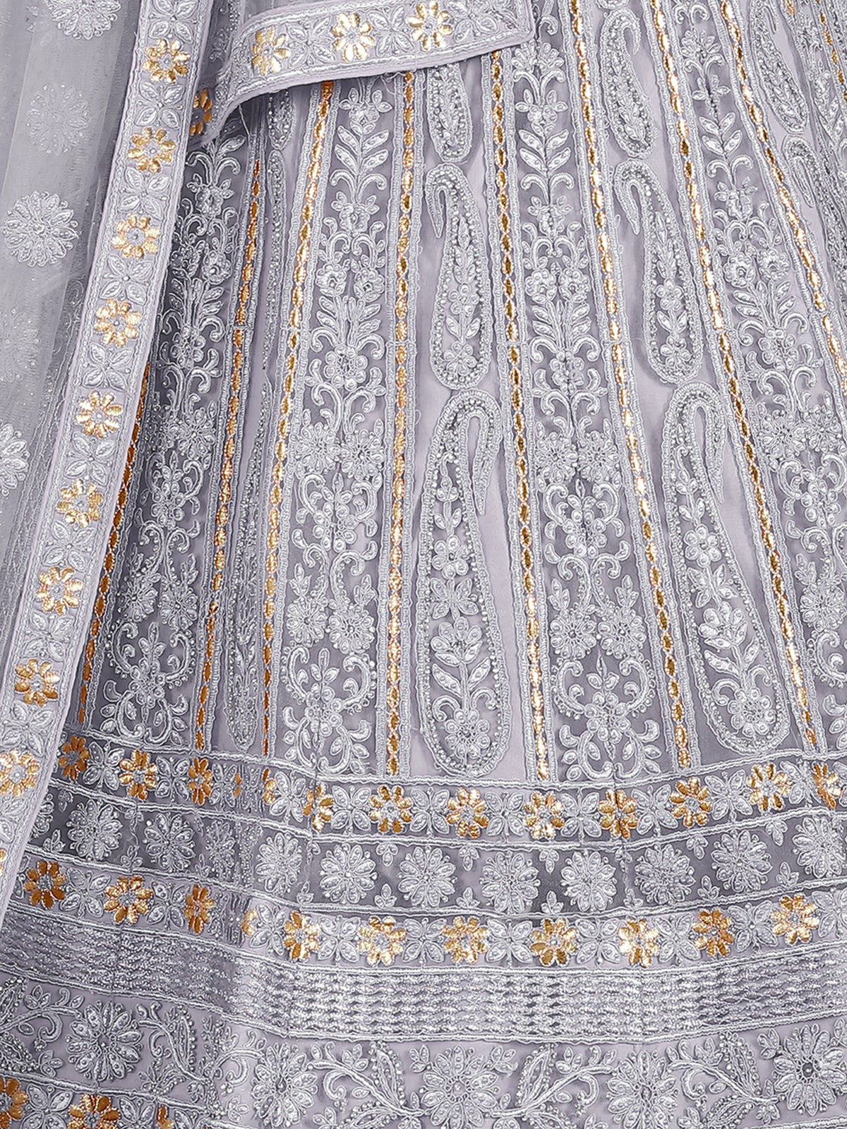 Odette Grey Embroidered Soft Net Semi Stitched Lehenga With Blouse For Women