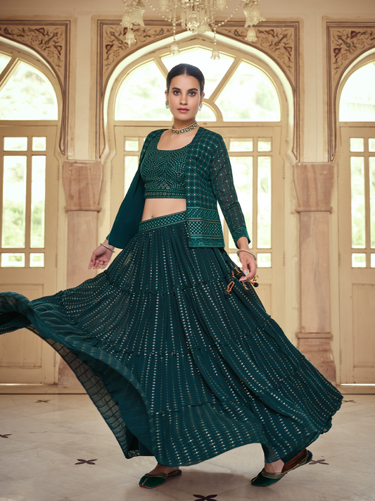 Odette Women Dark Green Embroidered Georgette Semi Stitched Lehenga With Unstitched Blouse