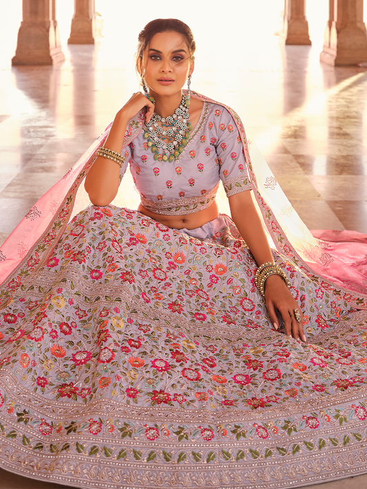 Odette Women Grey Embroidered Crepe Semi Stitched Lehenga With Unstitched Blouse