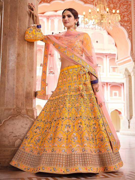 Odette Women Mustard Swarovski Embroidered Crepe Semi Stitched Lehenga With Unstitched Blouse