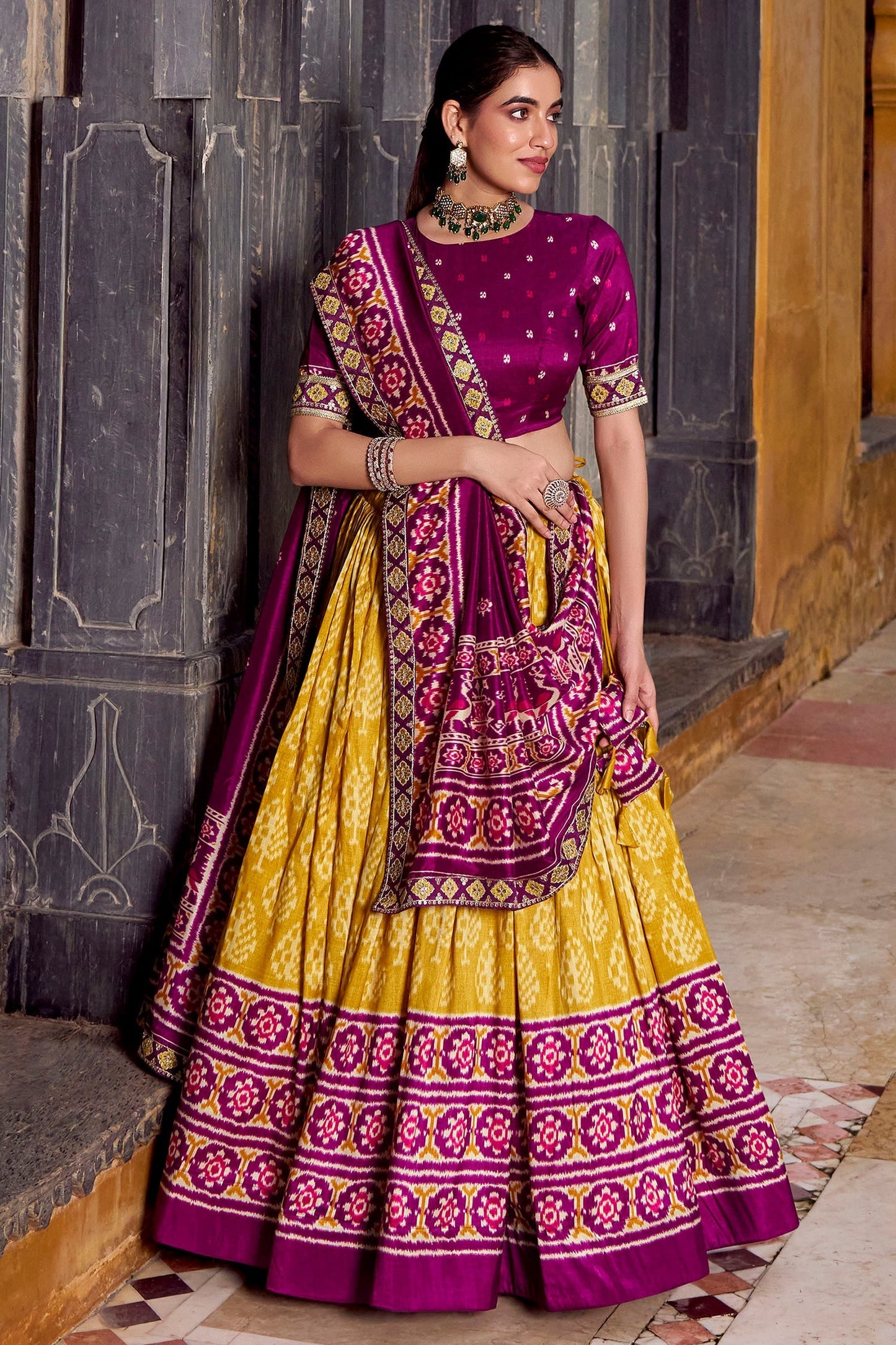 Mustard Tussar Silk Printed Lehenga Choli