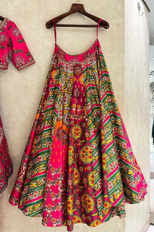 Multi Colored Raw Silk Printed Lehenga