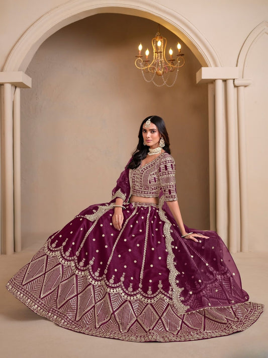 Odette Wine Art Silk Embroidered Semi-Stitched lehenga For Women