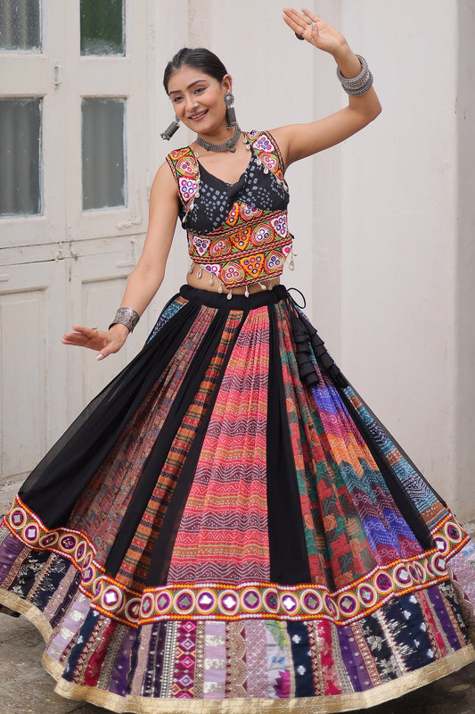 Multi Colored Georgette Kachchi Embroidered Chaniya Choli