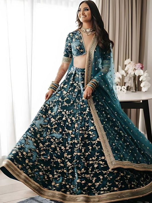 Odette Dark Green Velvet Embroidered Semi-Stitched lehenga For Women