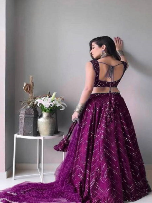 Odette Wine Georgette Embellished Semi-Stitched Lehenga For Women