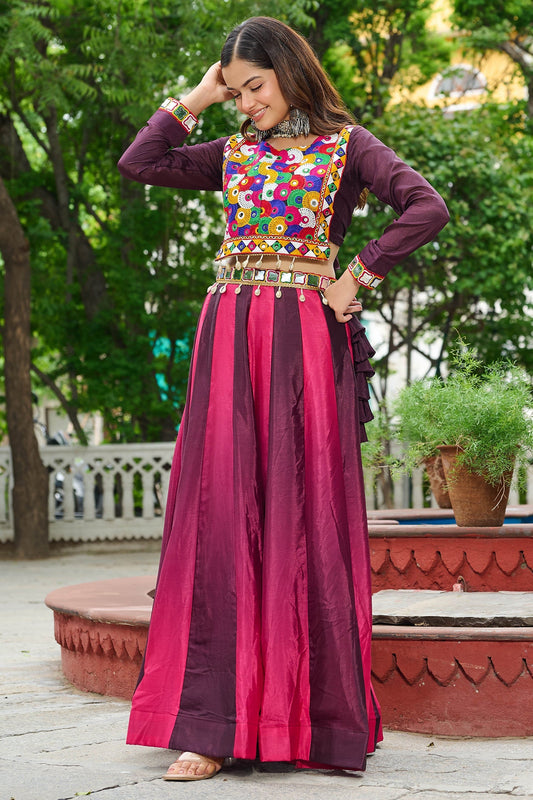 Purple Chinon Printed Lehenga with Kachchi Worked Choli