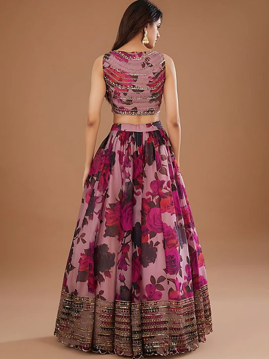 Odette Purple Organza Printed Semi-Stitched lehenga For Women