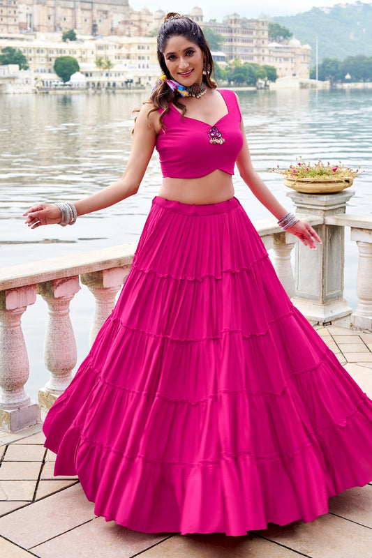Pink Rayon Plain Chaniya Choli with Kachchi Work Jacket