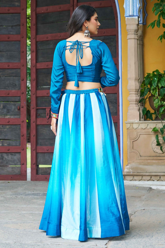 Blue Chinon Printed Lehenga with Kachchi Worked Choli