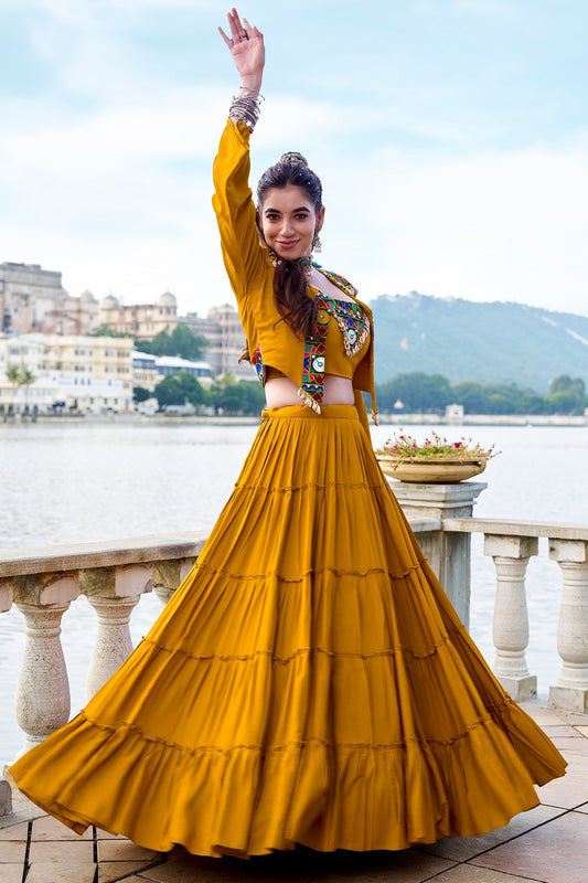 Yellow Rayon Plain Chaniya Choli with Kachchi Work Jacket