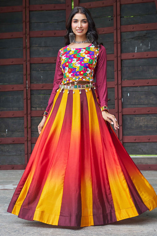 Maroon Chinon Printed Lehenga with Kachchi Worked Choli
