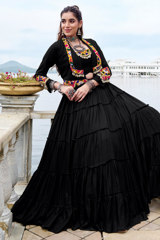 Black Rayon Plain Chaniya Choli with Kachchi Work Jacket