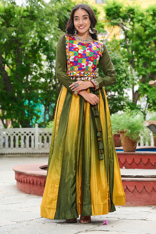 Green Chinon Printed Lehenga with Kachchi Worked Choli