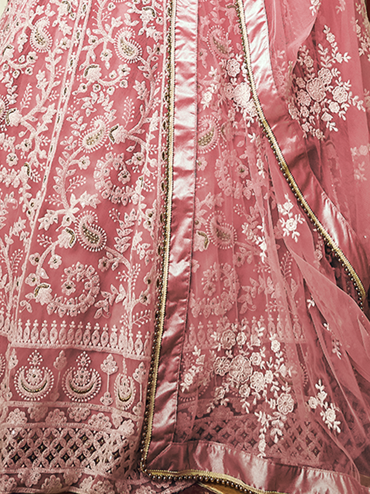 Odette Women Pink Embroidered Soft Net Semi Stitched Lehenga With Unstitched Blouse
